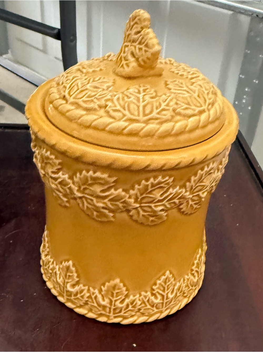 Leaf Embossed Ceramic Canister - Mustard Yellow